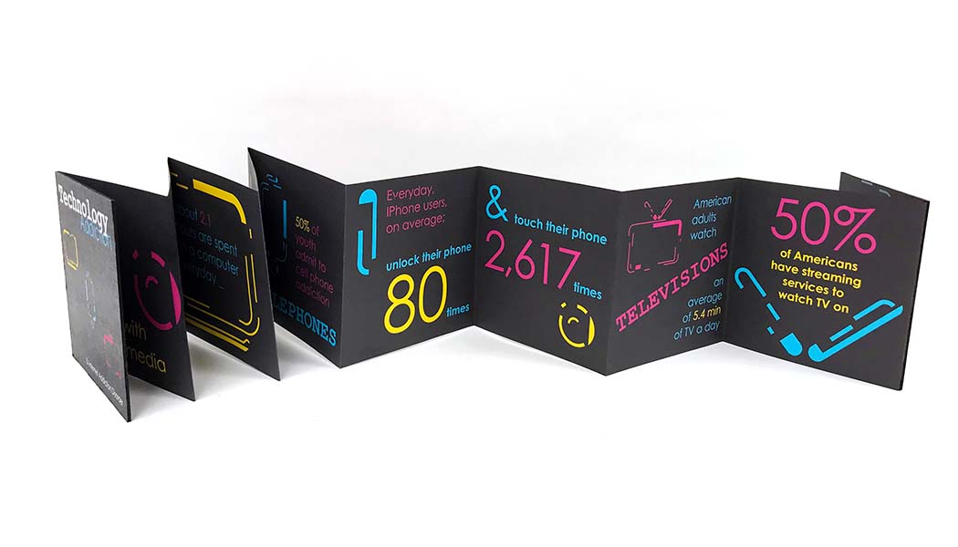 a picture of a fold-out booklet depicting screen addiction statistics, colored in a black, pink, yellow, cyan color scheme